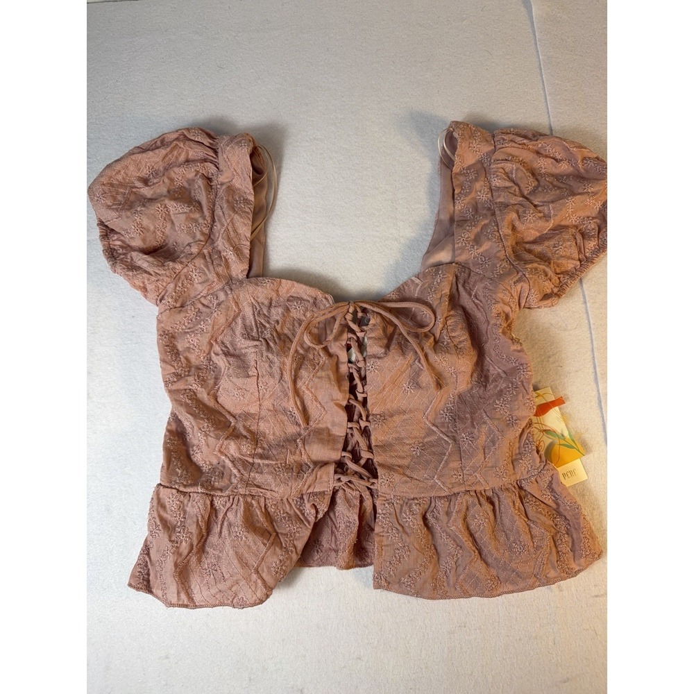 Mele e‎ Pere Blush Pink Lace Up Peplum Top Women's Small NWT Cottagecore Boho